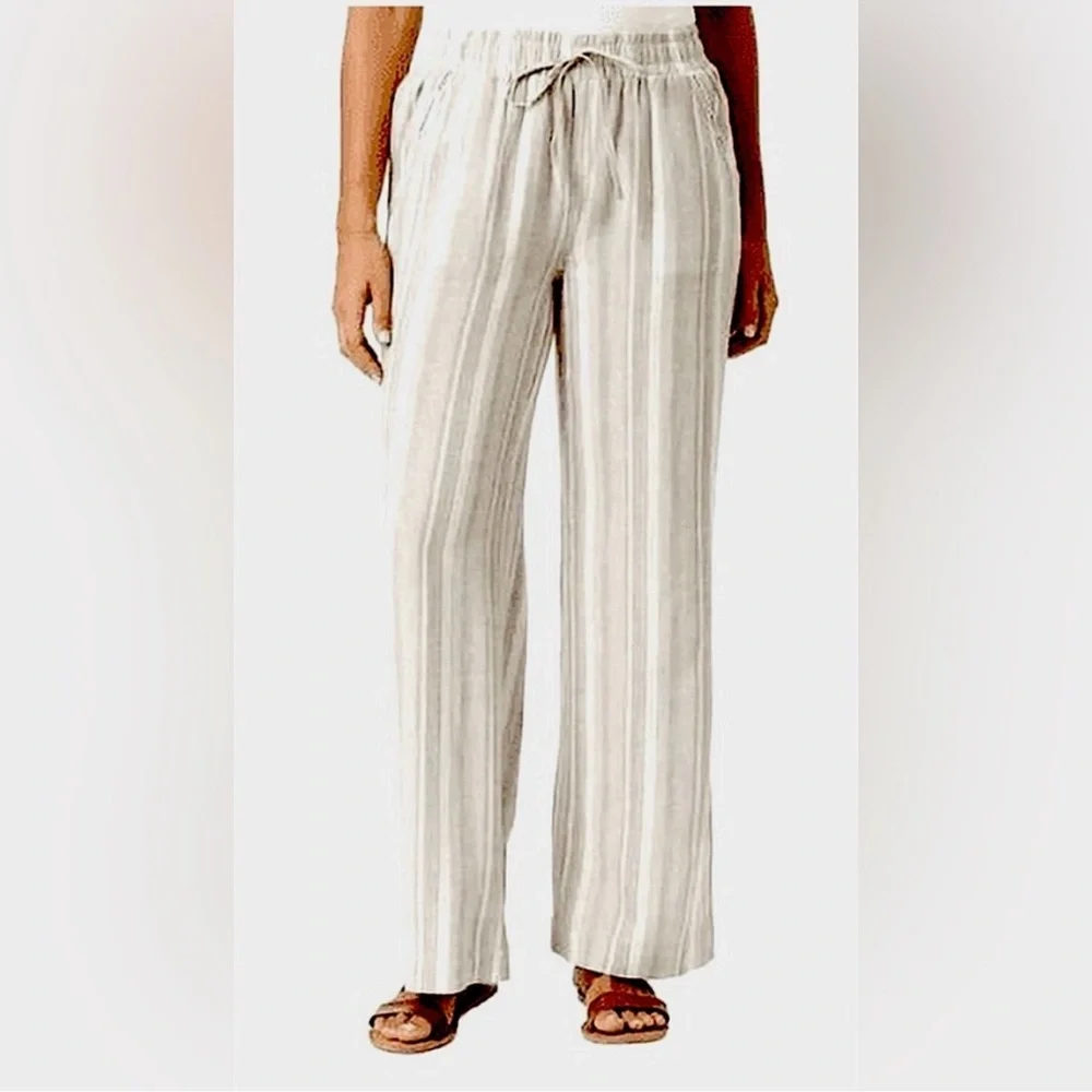 (BRIGGS).women’s Striped Tan and White Wide Leg Pants size L - Picture 1 of 11